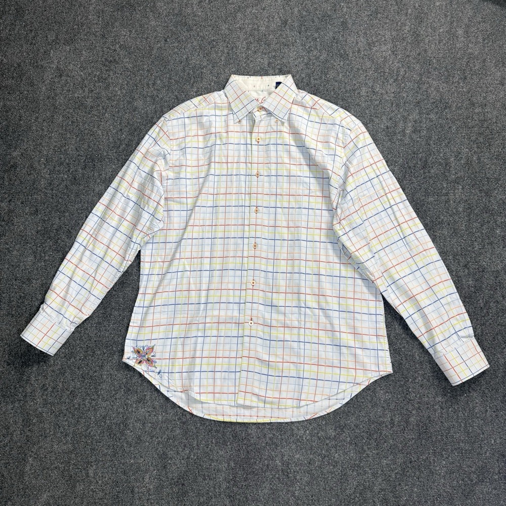 Robert Graham Men's XL White Multicolor Windowpane Plaid Embroidered Shirt